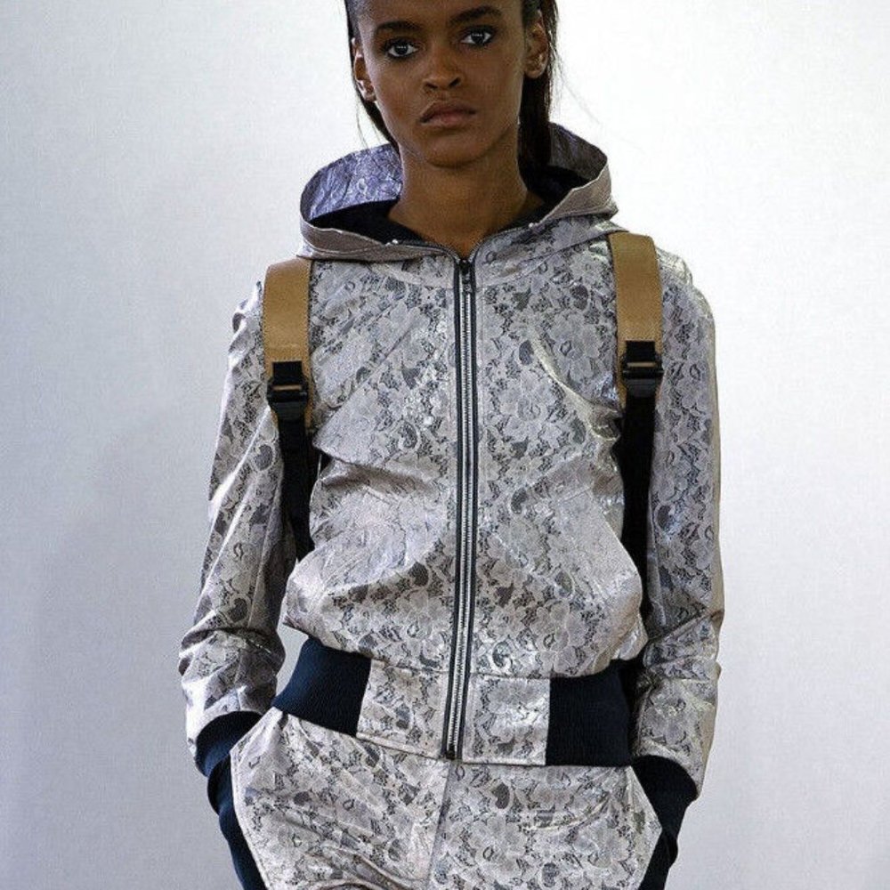 Christopher Raeburn Lace Floral Iridescent Pearl Laminated Bomber Jacket sz M